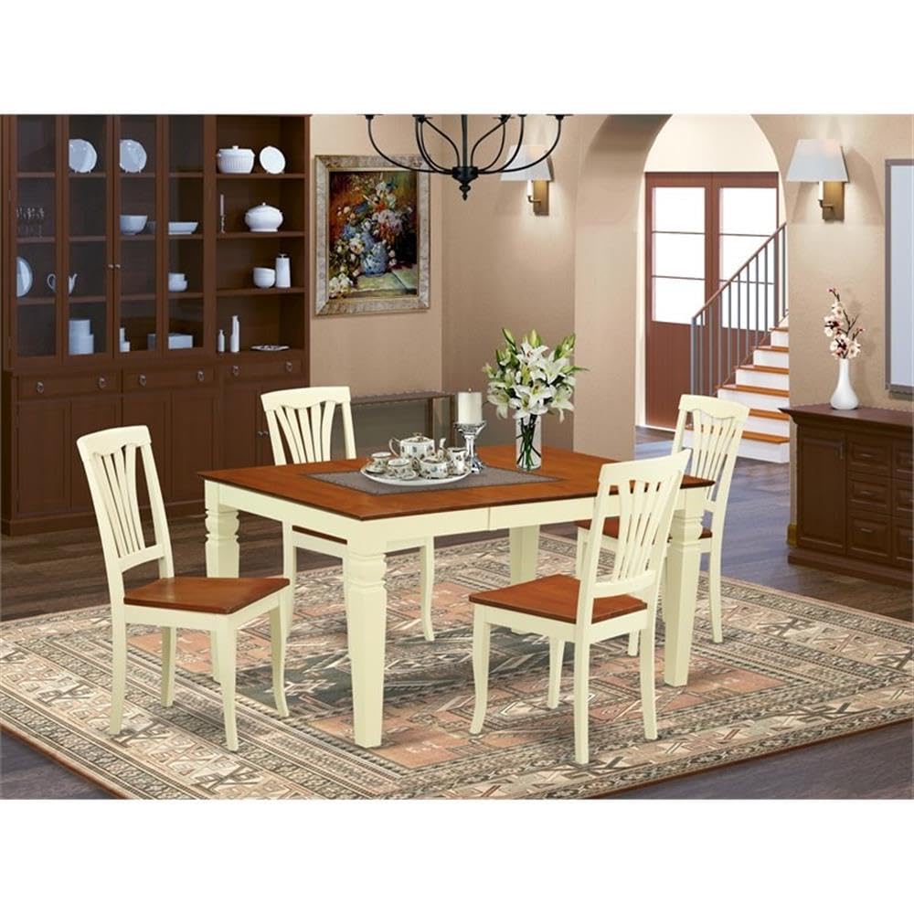 East West Furniture WEAV5-BMK-W 5 Piece Kitchen Table Set for 4 Includes a Rectangle Dining Room Table with Butterfly Leaf and 4 Dining Chairs, 42x60 Inch, Buttermilk & Cherry