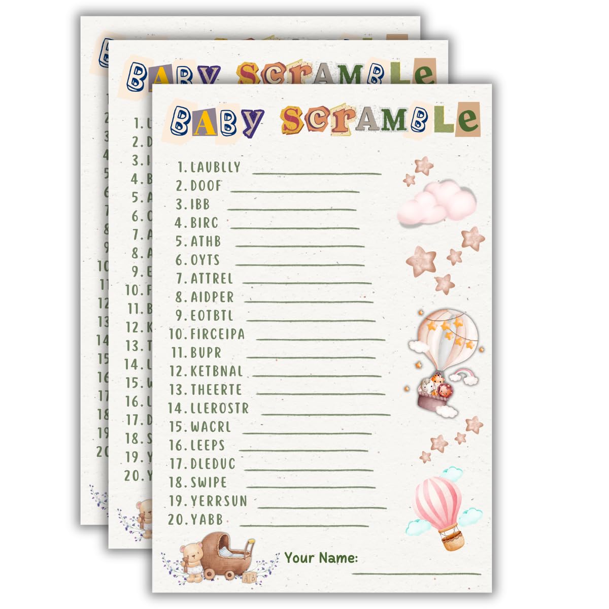 The Decor Cycle Baby Words Scramble  Boho Theme | 30 Game Cards | Baby Shower Party Game | 46 inch Cards