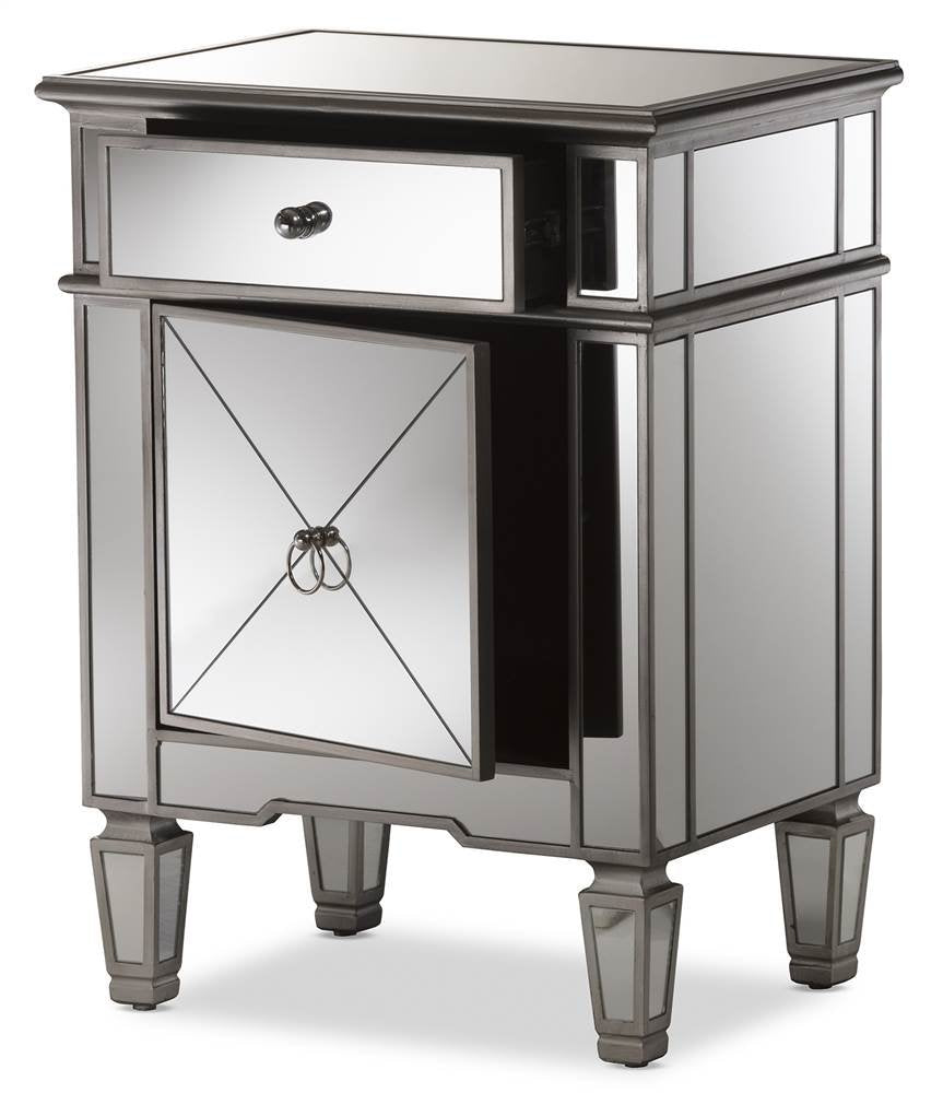 Baxton Studio Claudia Mirrored Nightstand in Silver