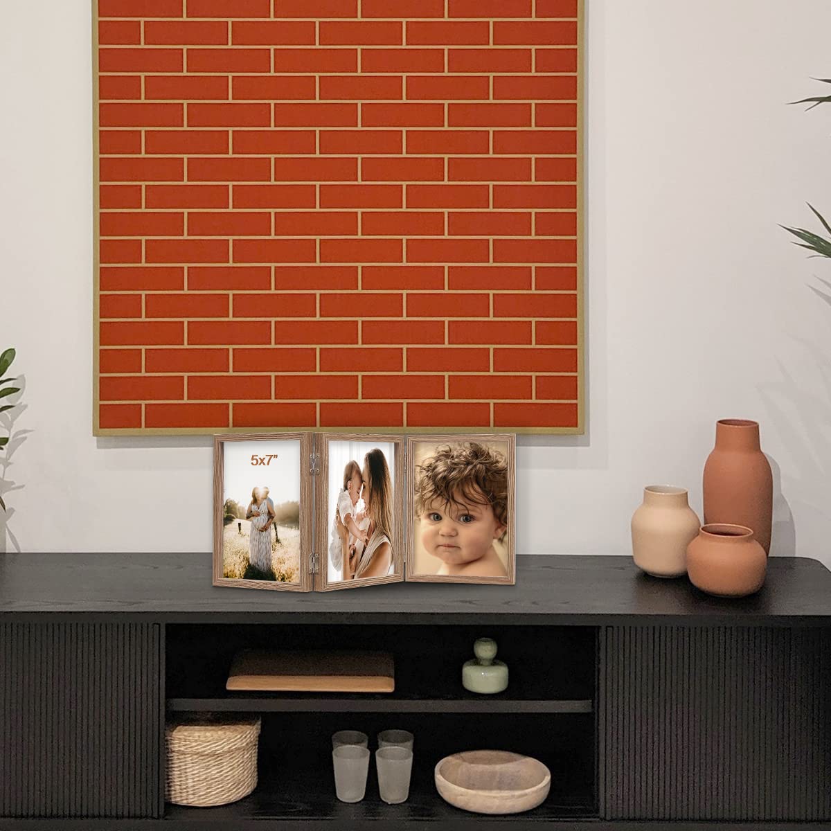 3 Picture Frame 5X7 Triple Hinged Mdf Wood Grain With Glass Front Three Opening Photo Frame Stand Vertical On Tabletop