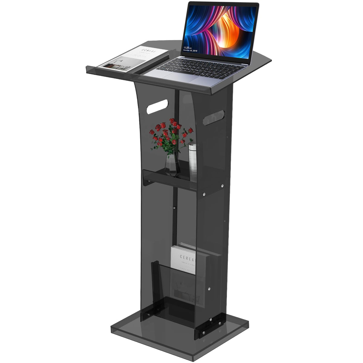 Ksacry Acrylic Clear Black Podium Stand With Storage Shelf,Plexiglass Pulpits For Churches,Conference,Speeches,Weddings,Classroom,Professional Presentation Podiums (23.6' L X 17.7' W X 43' H, Black)