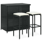 vidaXL 3 Piece Modern Outdoor Bar Set, Black Poly Rattan with Cream-White Cushion, Steel Frame, Suitable for Indoor/Outdoor, Patio, Pub, Garden Furniture Set.