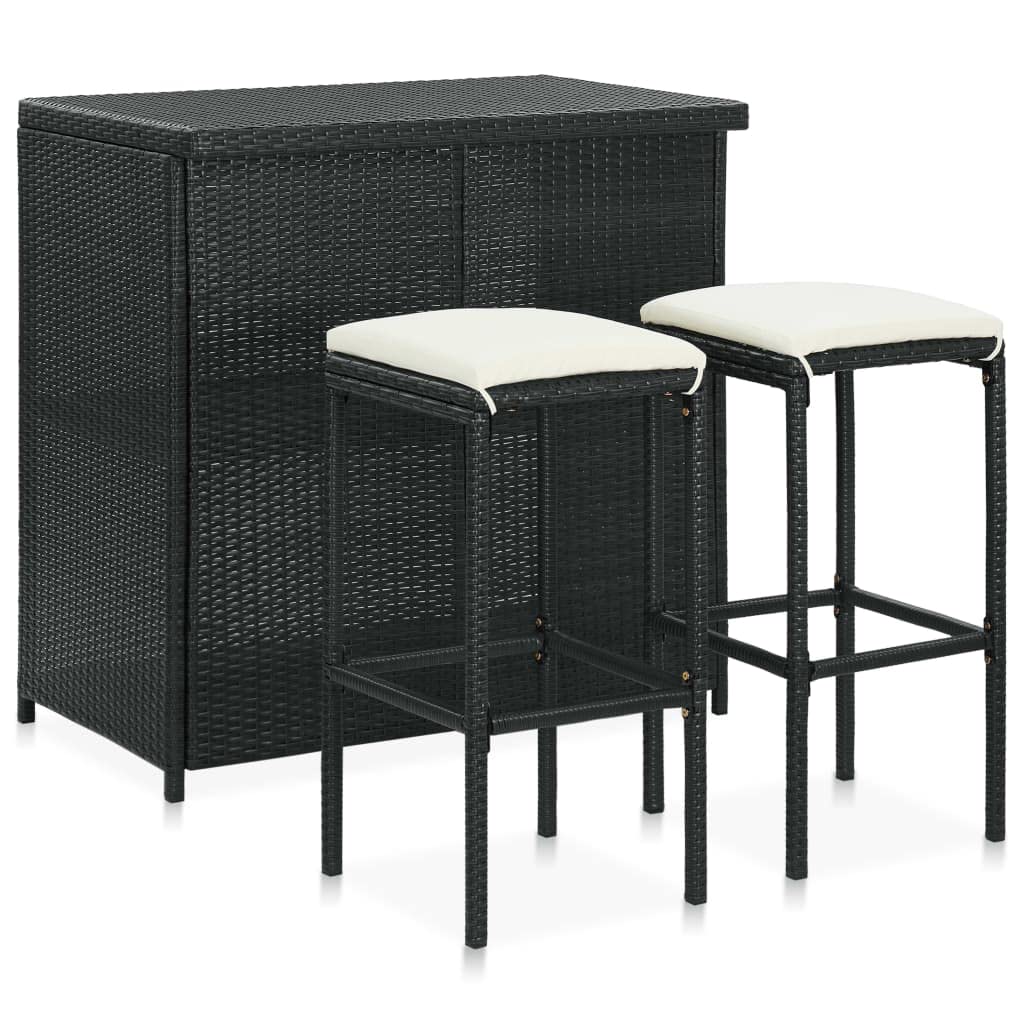 vidaXL 3 Piece Modern Outdoor Bar Set, Black Poly Rattan with Cream-White Cushion, Steel Frame, Suitable for Indoor/Outdoor, Patio, Pub, Garden Furniture Set.