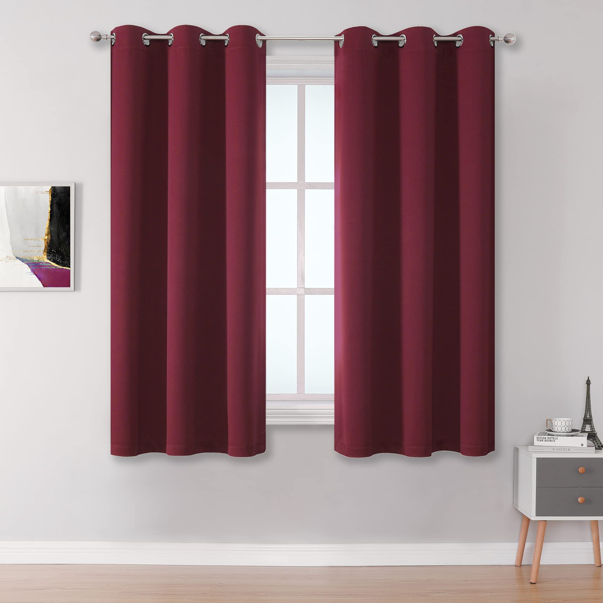 Dualife Burgundy Curtains For Kitchen Blackout Drapes 45 Inch Length Thermal Insulated Burgundy Red Solid Window Curtain Panels