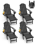 Greenvines Adirondack-Chairs-With-Ottoman | Set Of 4 | Folding | Retractable-Footrest | Hdpe Plastic | All Weather Fire Pit Chair | Cup Holders | Black | For Outdoor Poolside