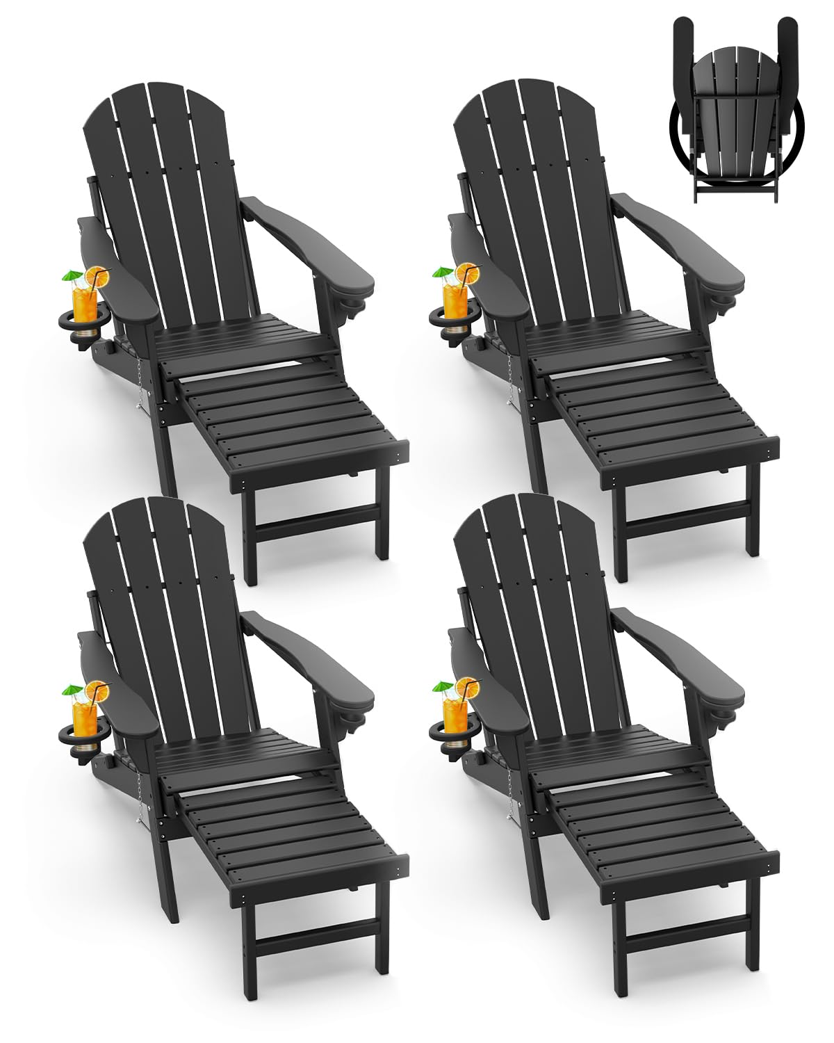 Greenvines Adirondack-Chairs-With-Ottoman | Set Of 4 | Folding | Retractable-Footrest | Hdpe Plastic | All Weather Fire Pit Chair | Cup Holders | Black | For Outdoor Poolside