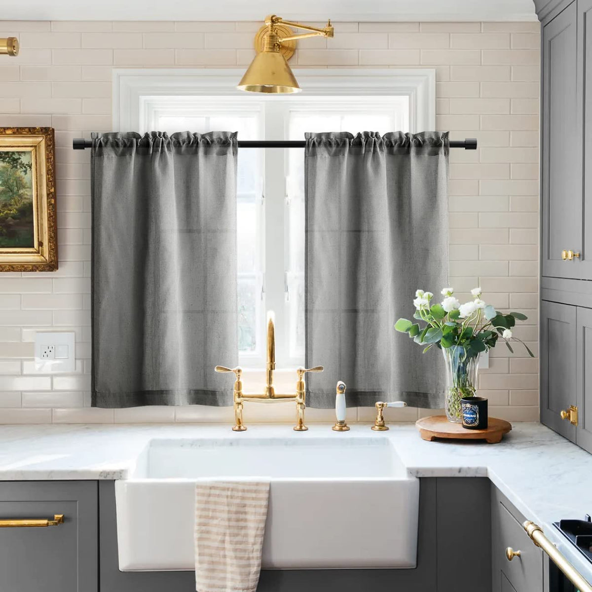 Xtmyi Grey Kitchen Short Curtains Valances Sets Of 2 Pack Dark Gray Semi Sheer Linen Curtains For Small Bedroom Basement Rv Wind