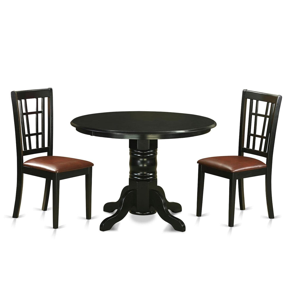 East West Furniture SHNI3-BLK-LC 3 Piece Kitchen Set for Small Spaces Contains a Round Table with Pedestal and 2 Faux Leather Dining Room Chairs, 42x42 Inch