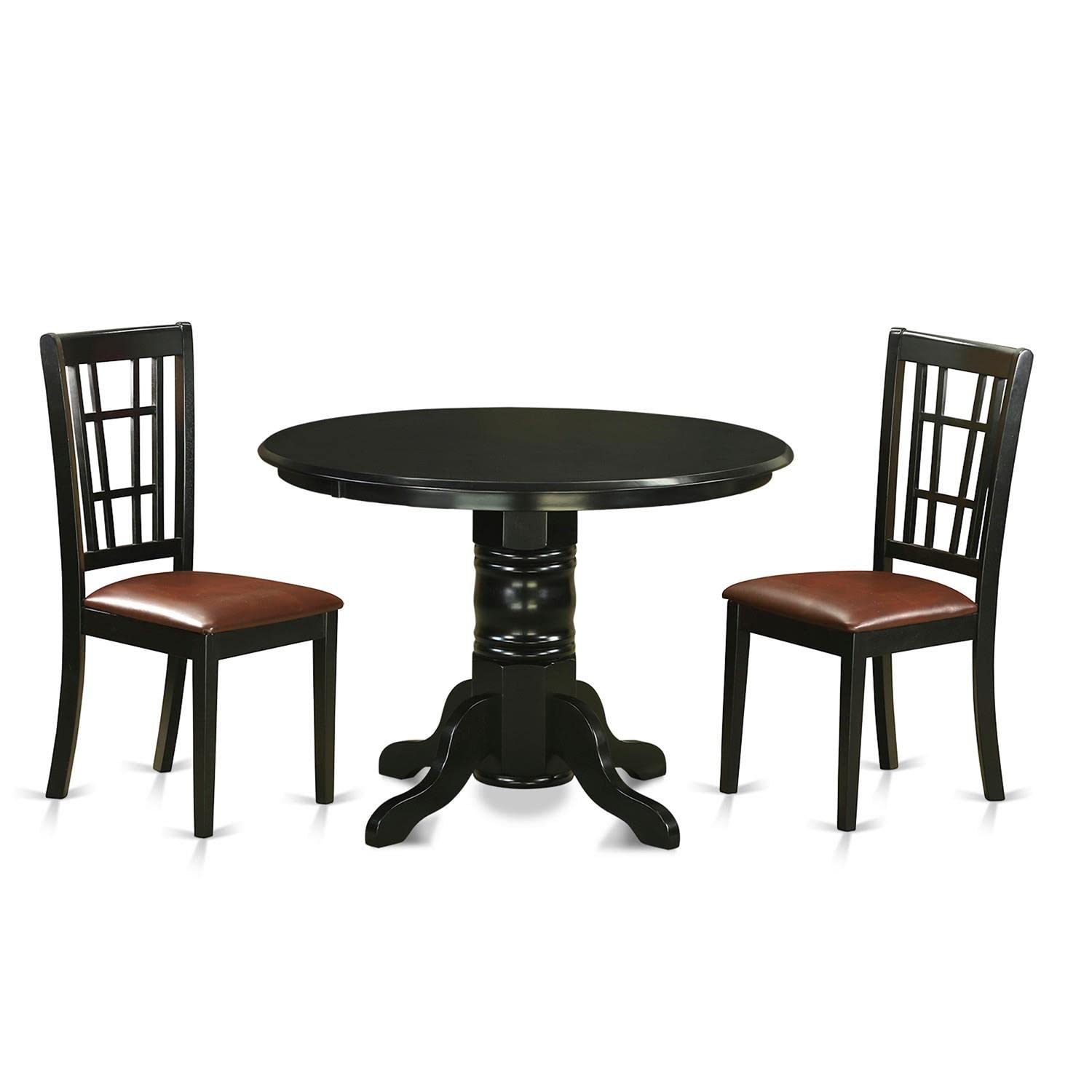 East West Furniture SHNI3-BLK-LC 3 Piece Kitchen Set for Small Spaces Contains a Round Table with Pedestal and 2 Faux Leather Dining Room Chairs, 42x42 Inch