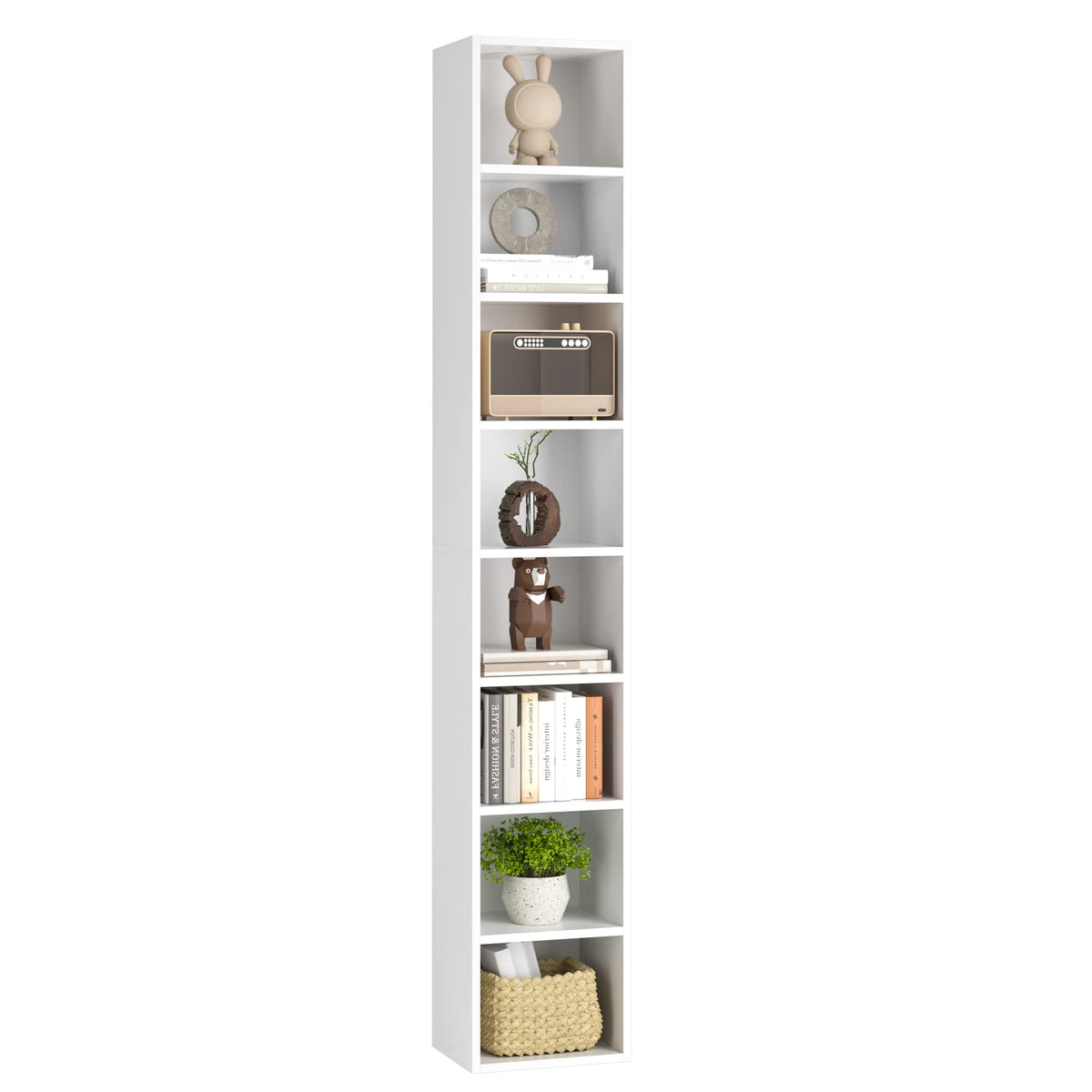 Fotosok 8-Tier Media Tower Rack, 11.6 X 9.3 X 70.9 Inches Cd Dvd Slim Storage Cabinet With Adjustable Shelves, Tall Narrow Bookcase Display Bookshelf For Home Office, White