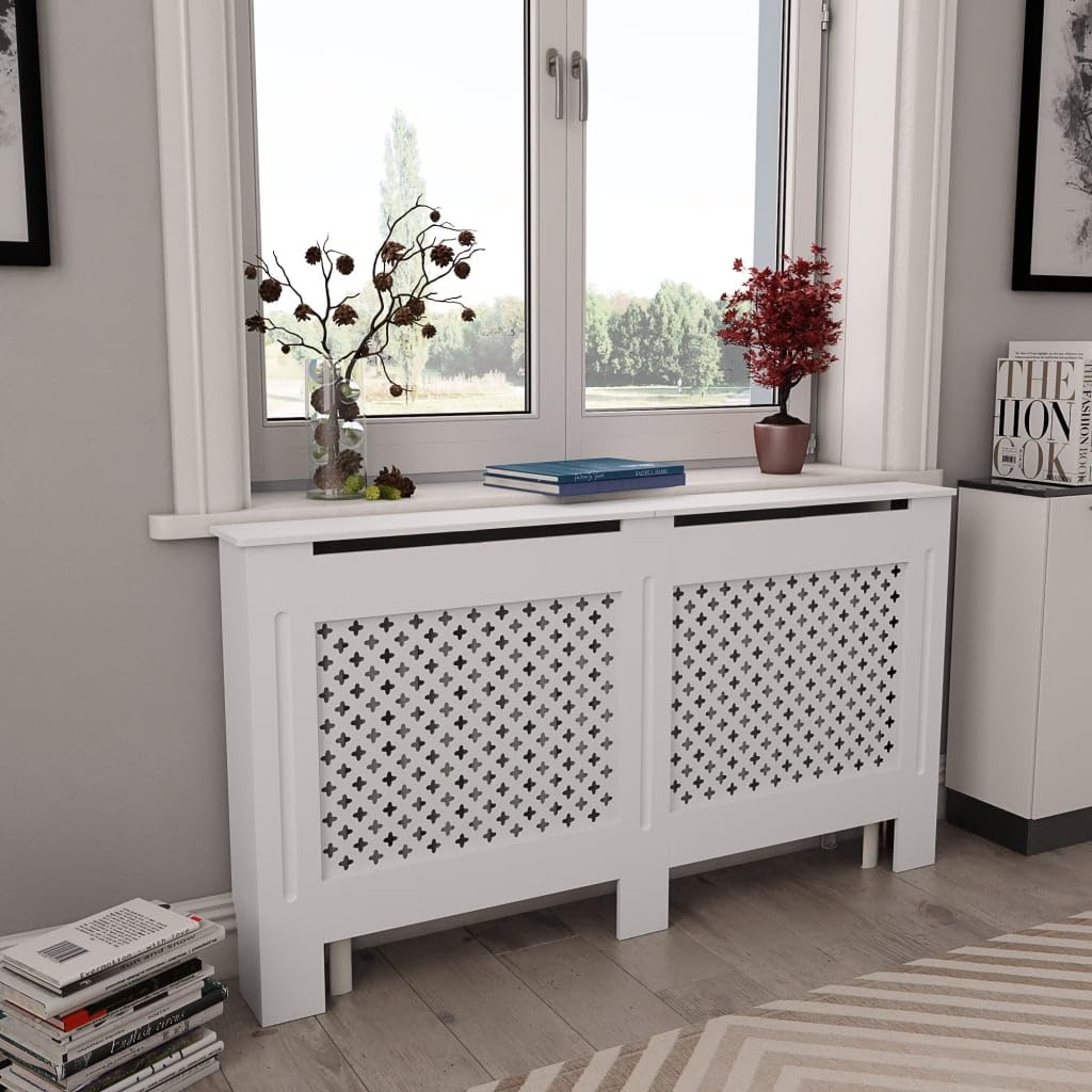 vidaXL White Radiator Cover - Stylish MDF Radiator Cabinet with Slatted Design and Additional Storage Space