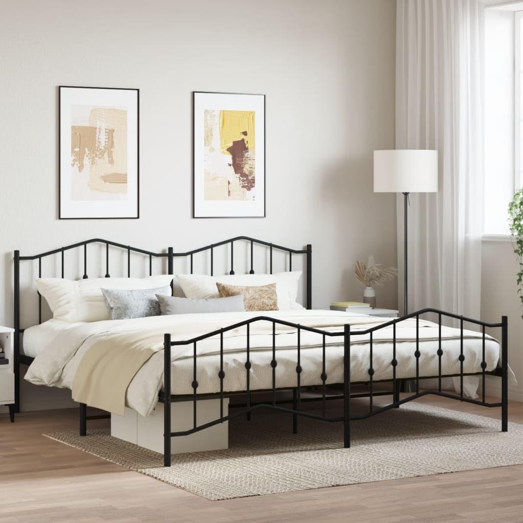 vidaXL King Metal Bed Frame with Headboard and Footboard, Under Bed Storage Space, Sturdy Steel Construction and Easy Assembly, Minimalist Style, Black, 12'' High, Without Mattress