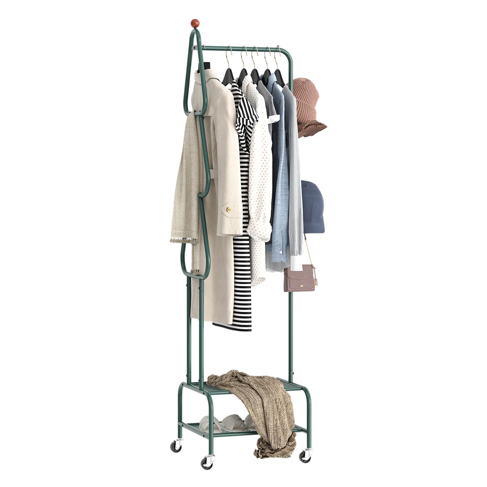 AUGOHCMIL Clothes Rack, Metal Garment Rack with Wheels and Shelves, Rolling Portable Clothing Racks for Hanging Clothes, Freesta