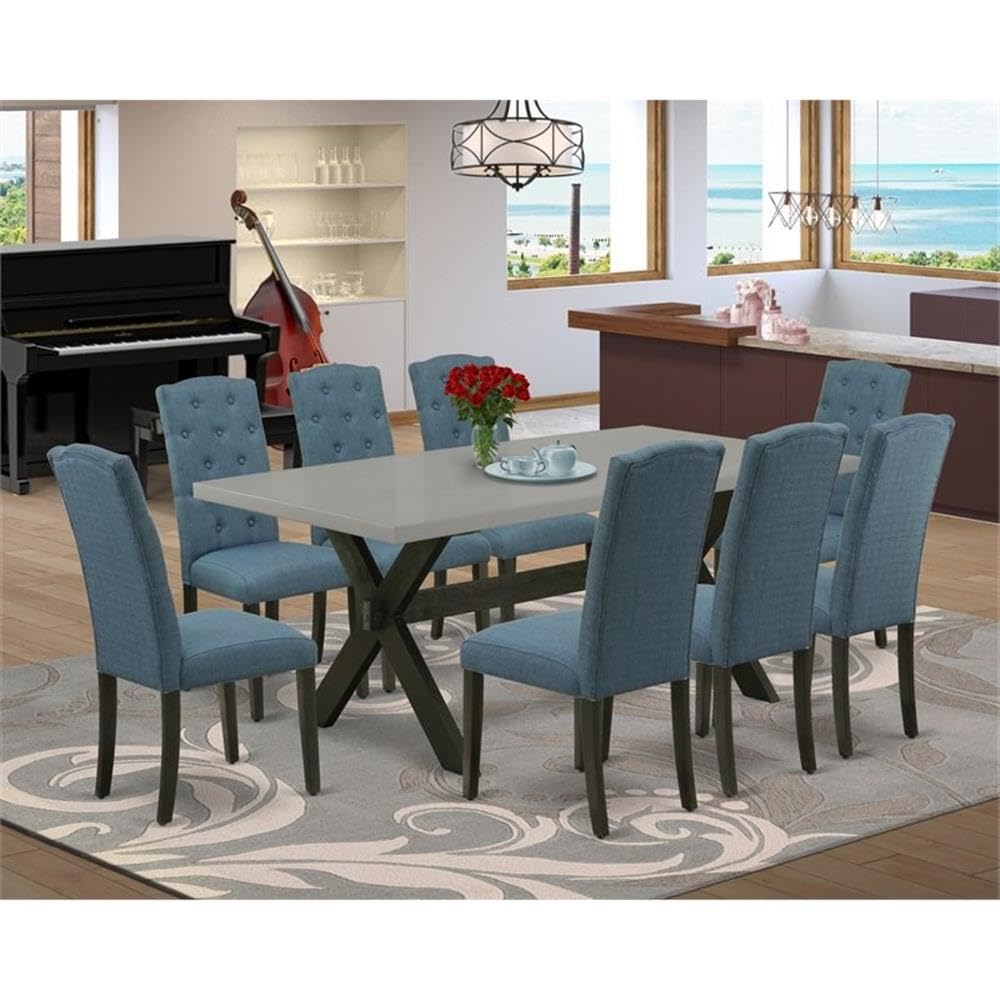 East West Furniture X697Ce121-9 9 Piece Modern Dining Table Set Includes A Rectangle Wooden Table With X-Legs And 8 Mineral Blue Linen Fabric Upholstered Chairs, 40X72 Inch, Multi-Color