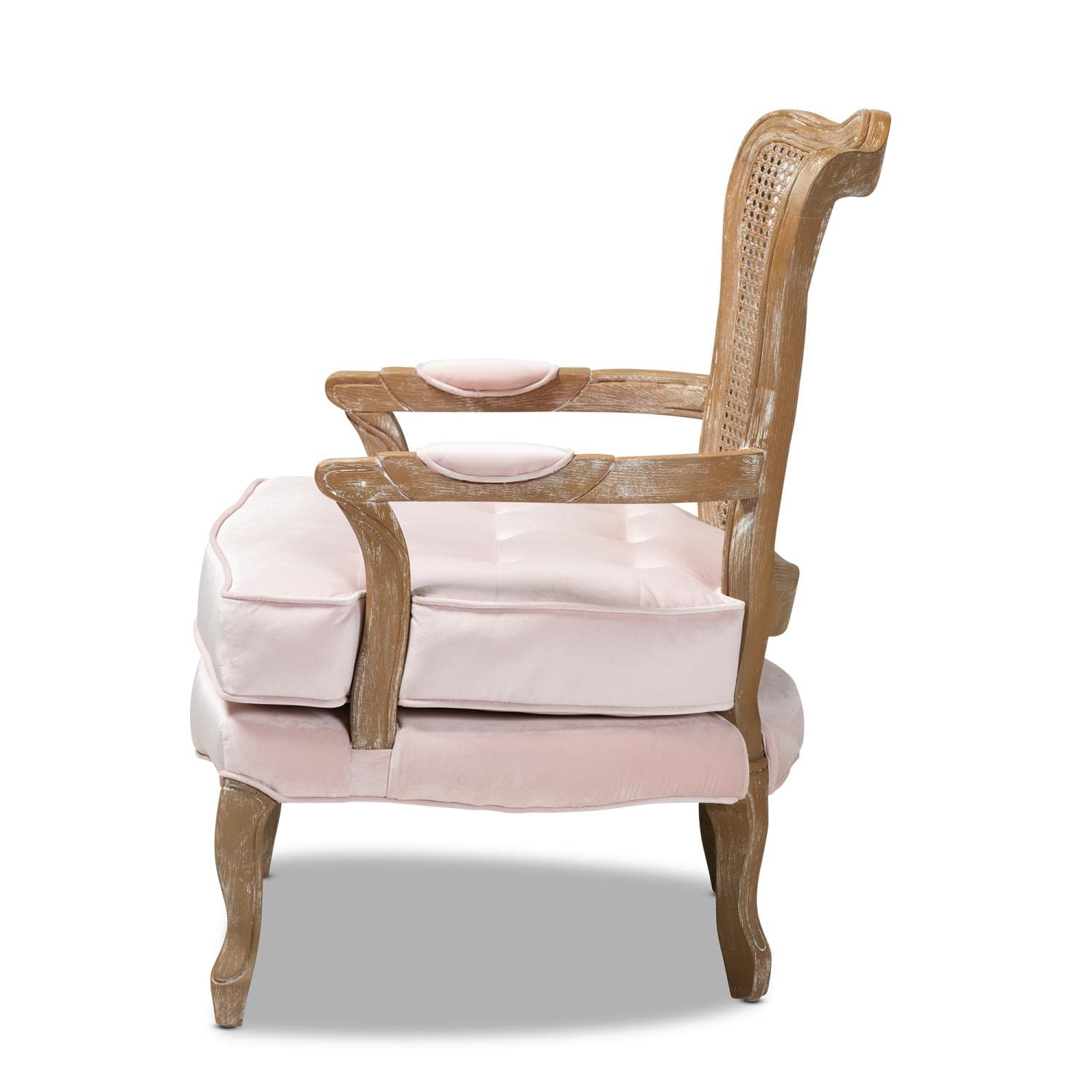 Baxton Studio Vallea Traditional French Provincial Light Pink Velvet Fabric Upholstered White-Washed Oak Wood Armchair