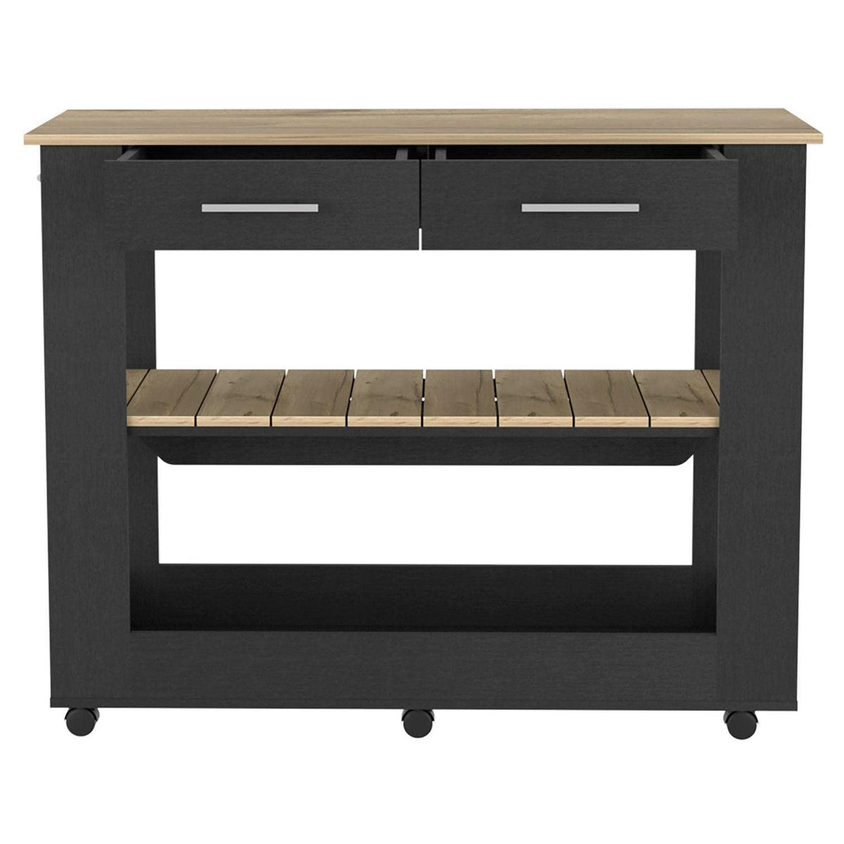 Kitchen Island 36&quot; H, 6 Casters, 2 Drawers, 2 Open Storage Shelves, Towel Hanger, Black/Light Oak