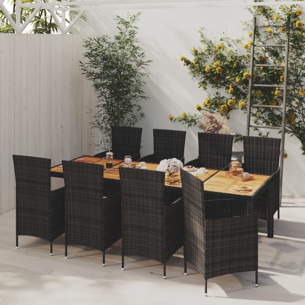 vidaXL 11-Piece Outdoor Patio Dining Set - Poly Rattan Black, Powder-Coated Steel Frame, Acacia Wood Table, Comfortable Cushions