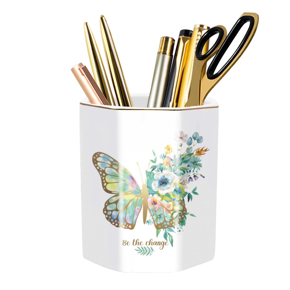 Waveyu Pencil Pen Holder For Desk, Ceramic Cute Makeup Brush Holder, Desktop Supplies And Accessories For Women Students, Art Su