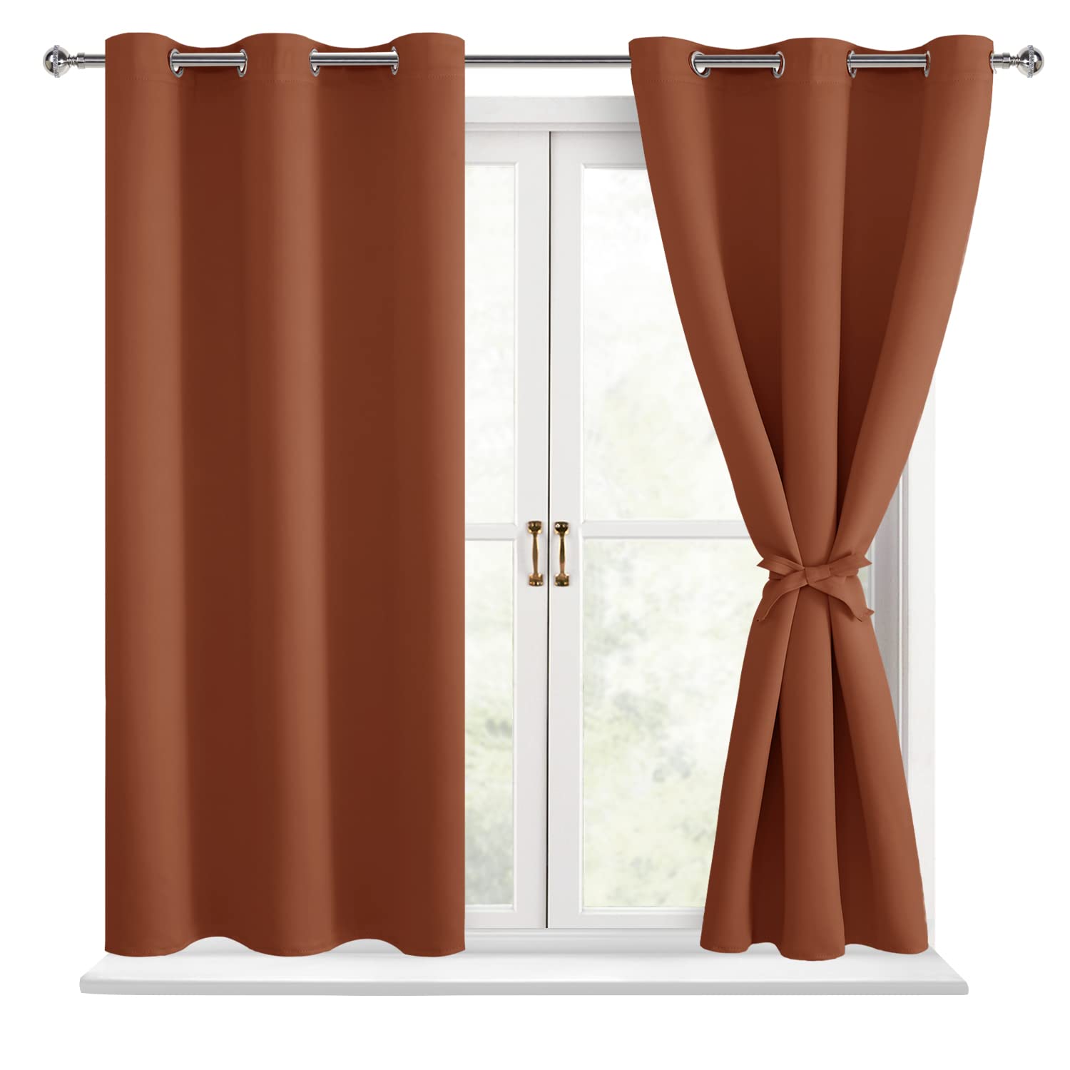 Hiasan Fall Blackout Curtains For Bedroom - Thermal Insulated & Energy Saving Window Curtains For Living Room Home Decor, 2 Drape Panels Sewn With Tiebacks, Burnt Ochre, 42 X 54 Inch