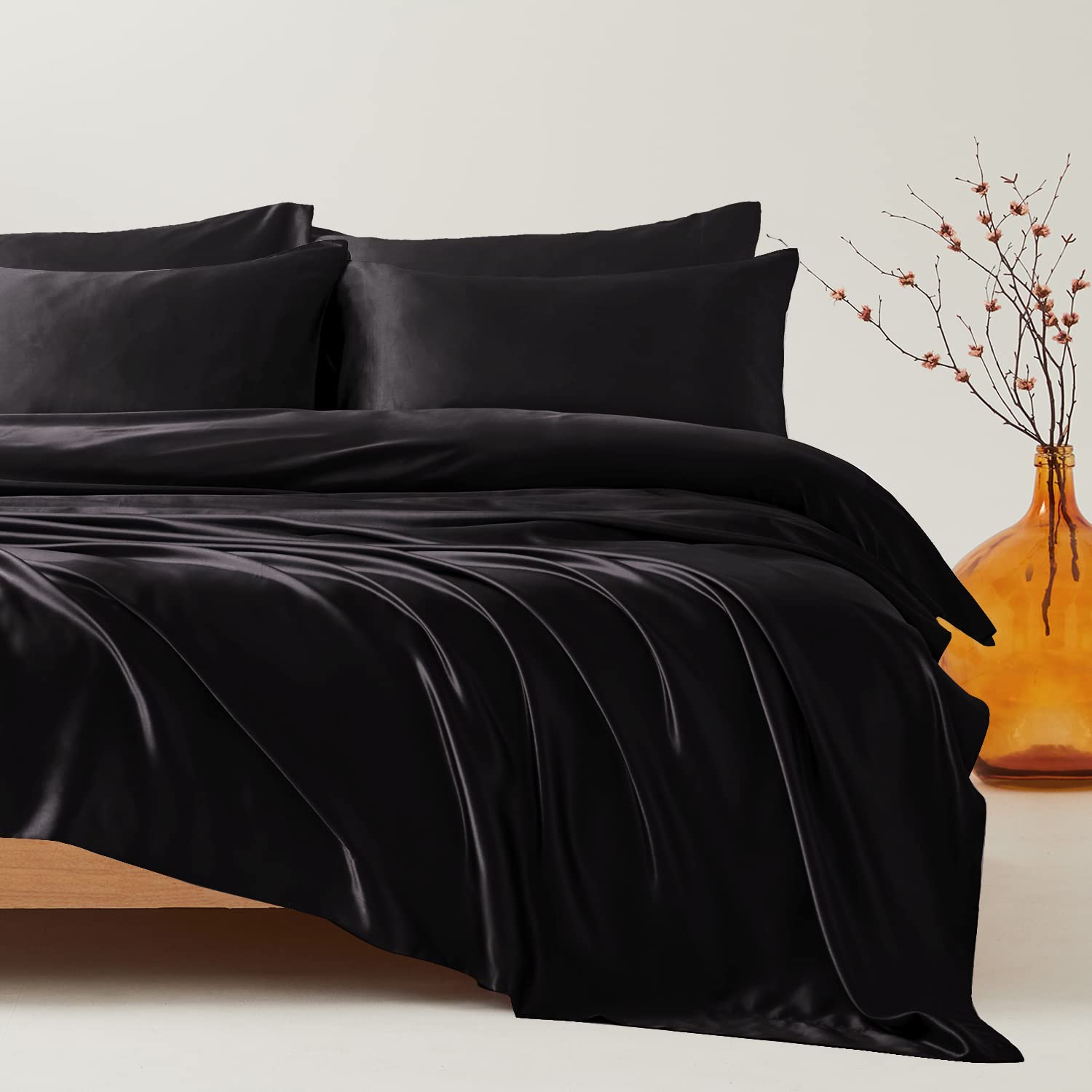 Candoury Satin Sheets Bed Set 6 Pcs, Queen Size Silky Bedding Set, Soft And Durable Pillowcase, Flat Sheet And Fitted Sheet, Hotel Luxury Bed Sheets Set(Queen, Black)