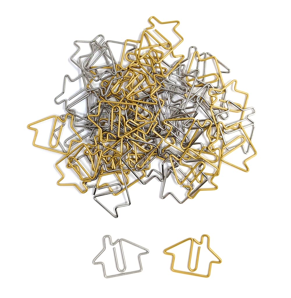 House Shaped Paper Clips, Real Estate Agent Office Supply (Gold And Silver - 50 Pack)