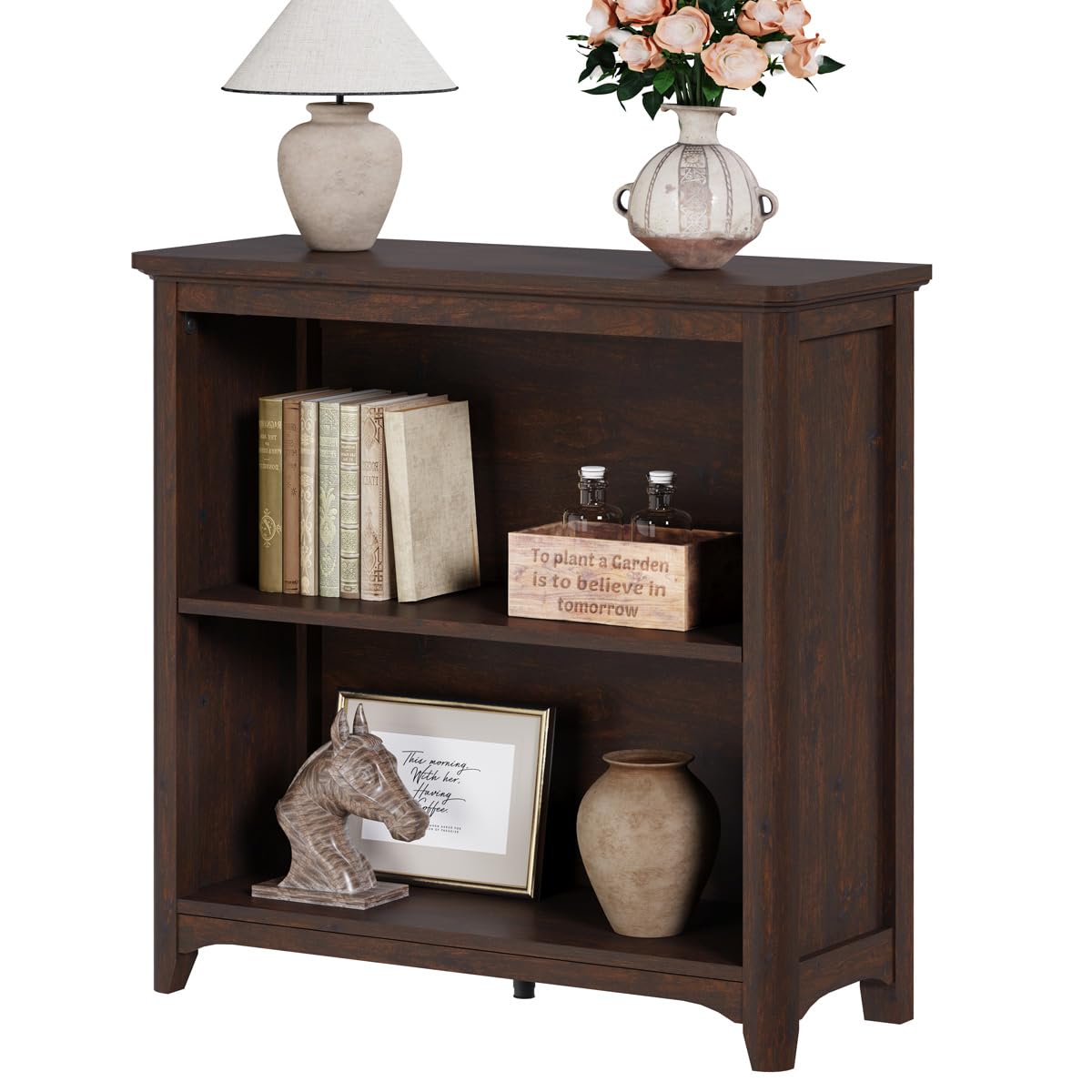 BON AUGURE Wooden Bookshelf, 2Tier Curved Edge Bookcase, Brown Cherry