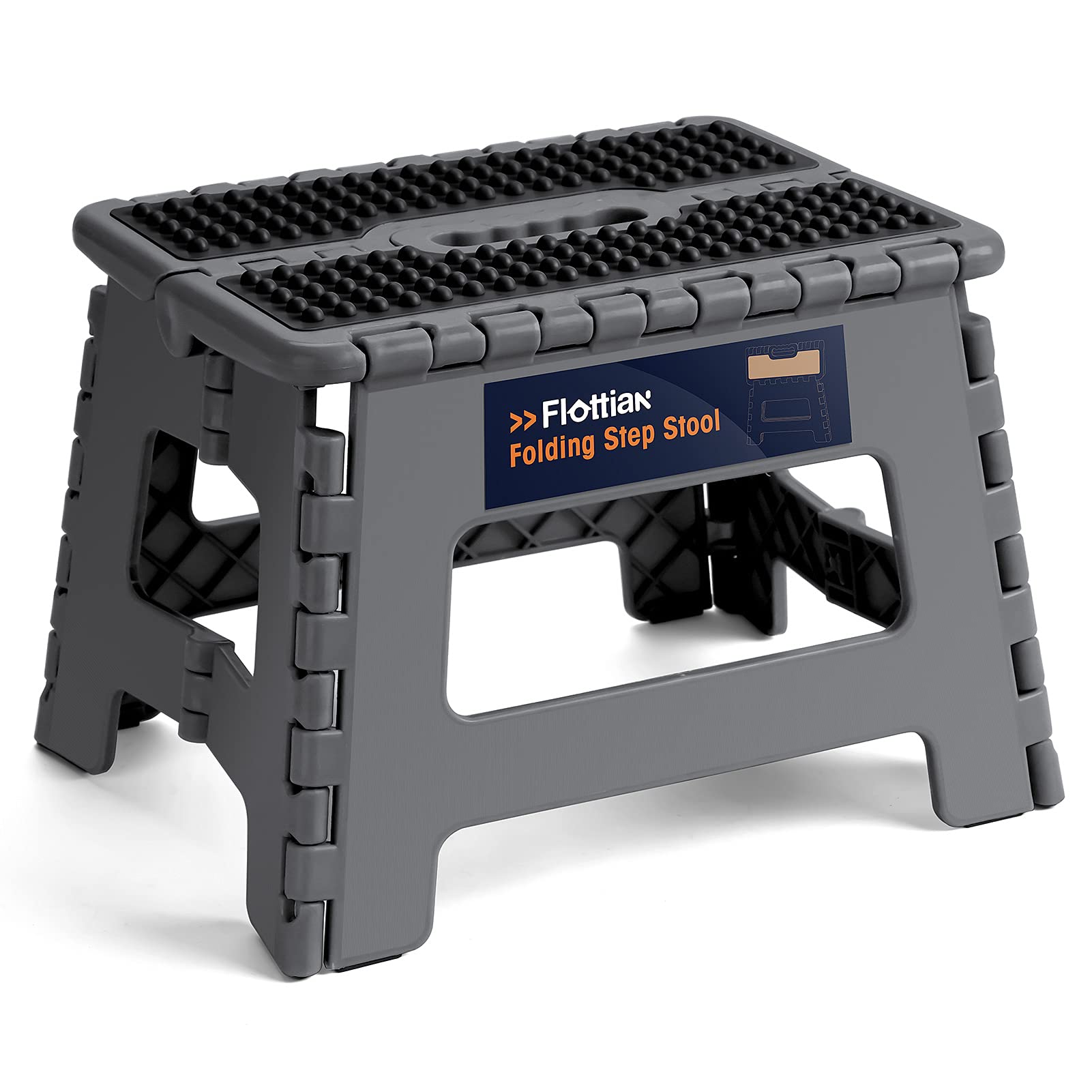 Flottian 9' Folding Step Stool For Adults And Kids Holds Up To 300 Lbs,Non-Slip Folding Stools With Portable Handle, Compact Plastic Foldable Step Stool For Bathroom,Bedroom, Kitchen Gray