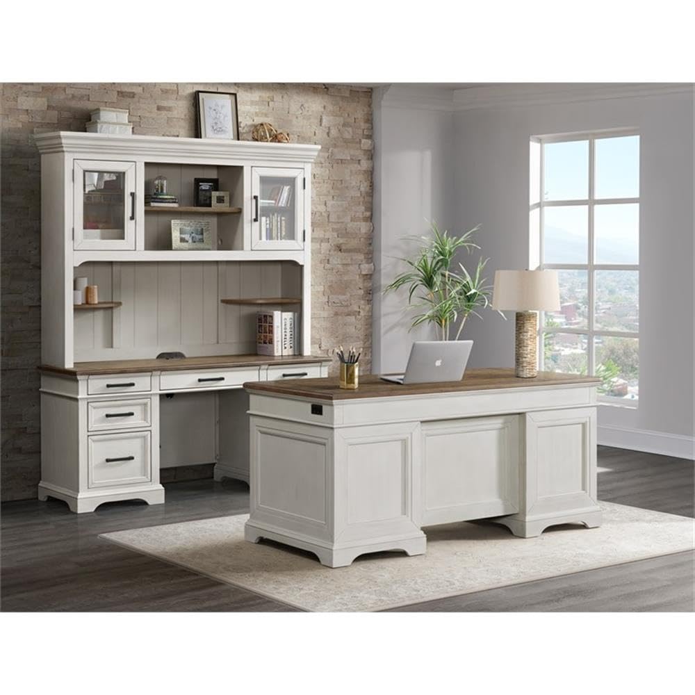 Intercon Drake Home Office 66&quot; Wide Credenza, Rustic White & French Oak Furniture