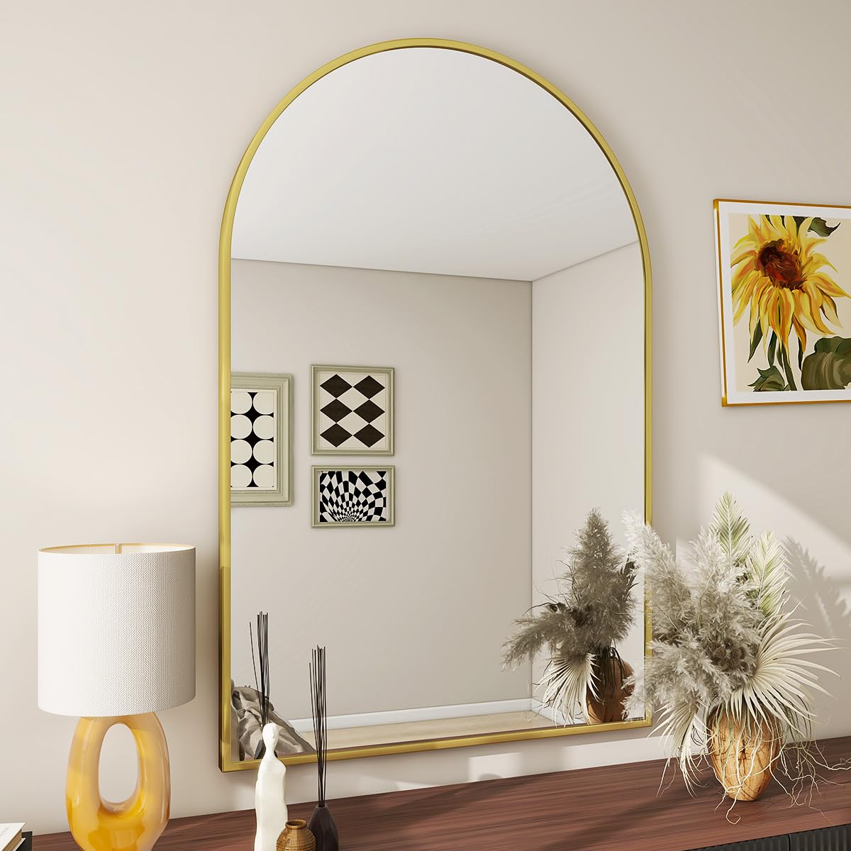 BEAUTYPEAK Wall Mounted Mirror, 26 inch x38 inch Arch Bathroom Mirror, Gold Vanity Wall Mirror w/ Metal Frame for Bedroom, Entry