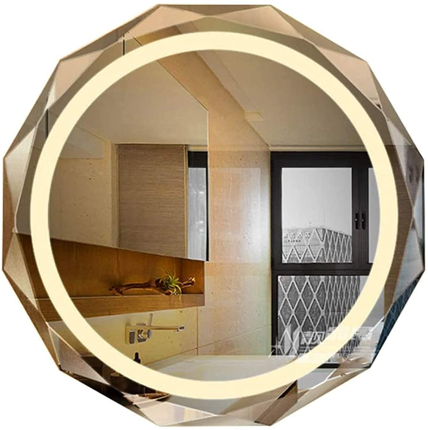SNUGACE Round LED Bathroom Mirror, Beveled Edge Frameless Wall Mount Bathroom Vanity Mirror with 3-Color and Anti-Fog, 24 Inch, 