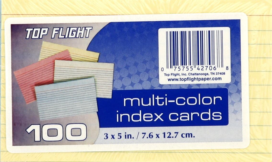 Top Flight Index Cards, Ruled, 3 X 5 Inches, Rainbow Colors, 100 Cards Per Pack (4630722)