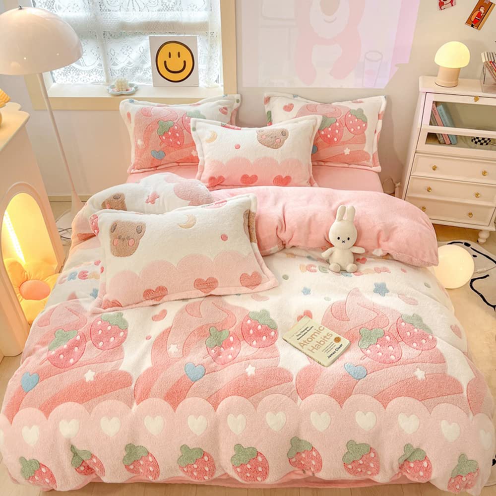 Cinyana Pink Strawberry Duvet Cover Set Fluffy Kawaii Cartoon Comforter Cover Soft Kids Twin Size Bedding Set (Strawberry)