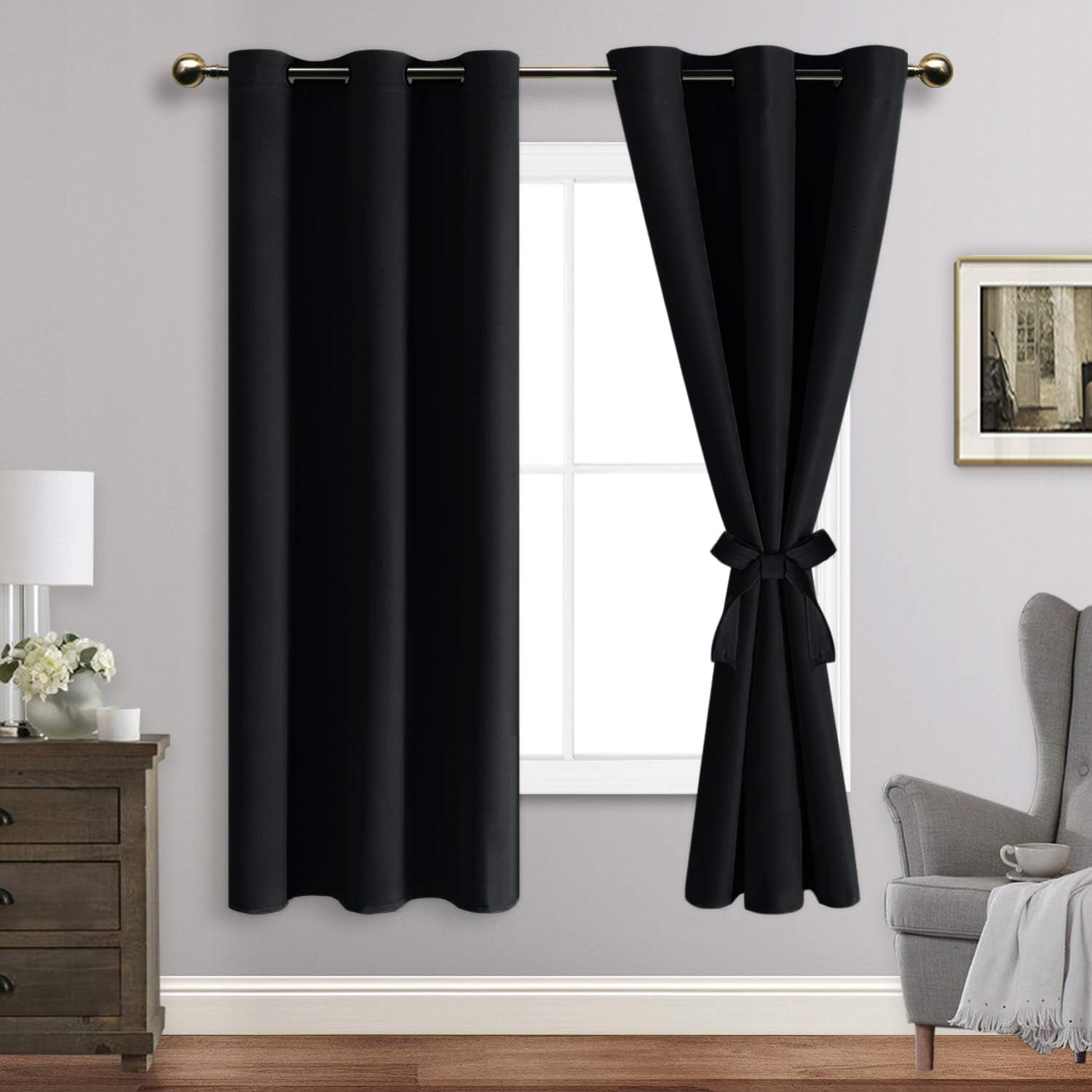Jiuzhen Black Blackout Curtains For Bedroom - Light Blocking And Noise Reducing Grommet Curtains For Living Room Darkening Curtains, Set Of 2 Window Curtain Panels, 38 X 63 Inch Length