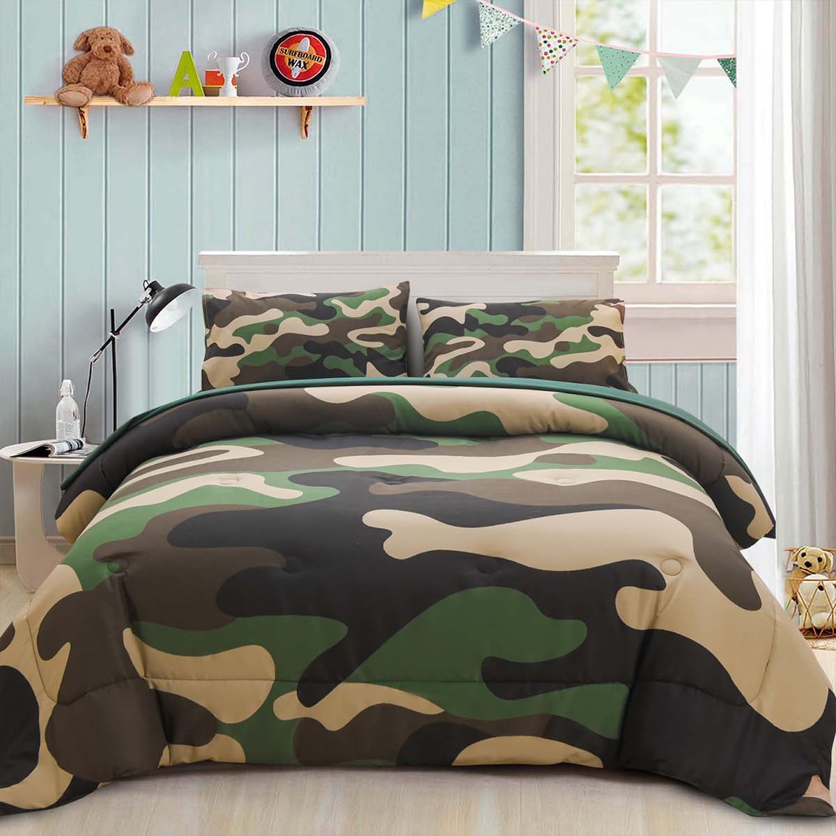 Holawakaka Queen Size Camouflage Bedding Comforter Set With Sheets,Boys Girls Men Camo Bed In A Bag 5 Pieces,Kids Teens Dorm Bed