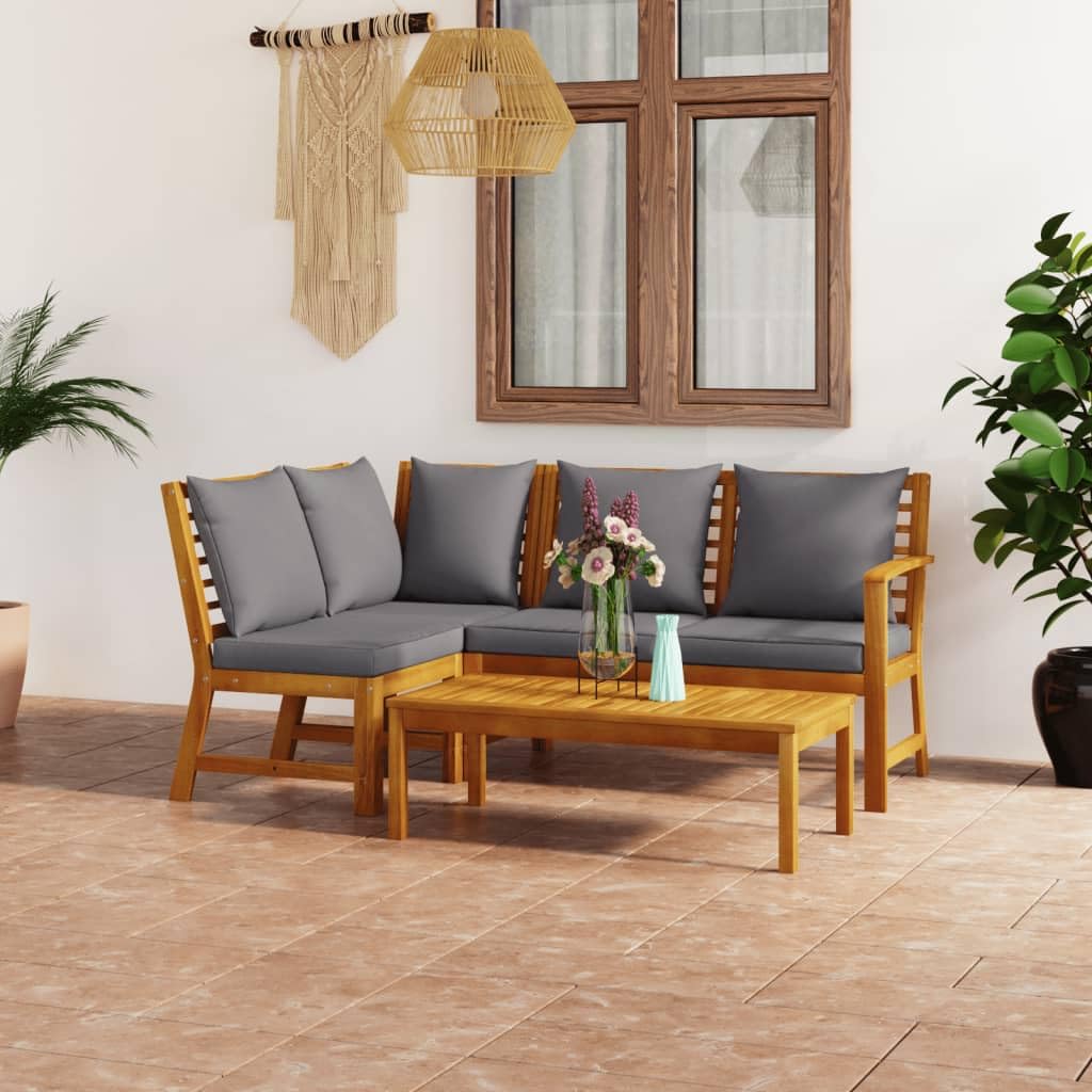 vidaXL Modern Acacia Wood Patio Lounge Set with Cushions, 4-Piece Outdoor Sofa Set Include Bench, Corner Sofa, Middle Sofa and Coffee Table, Easy Assembly - Dark Gray