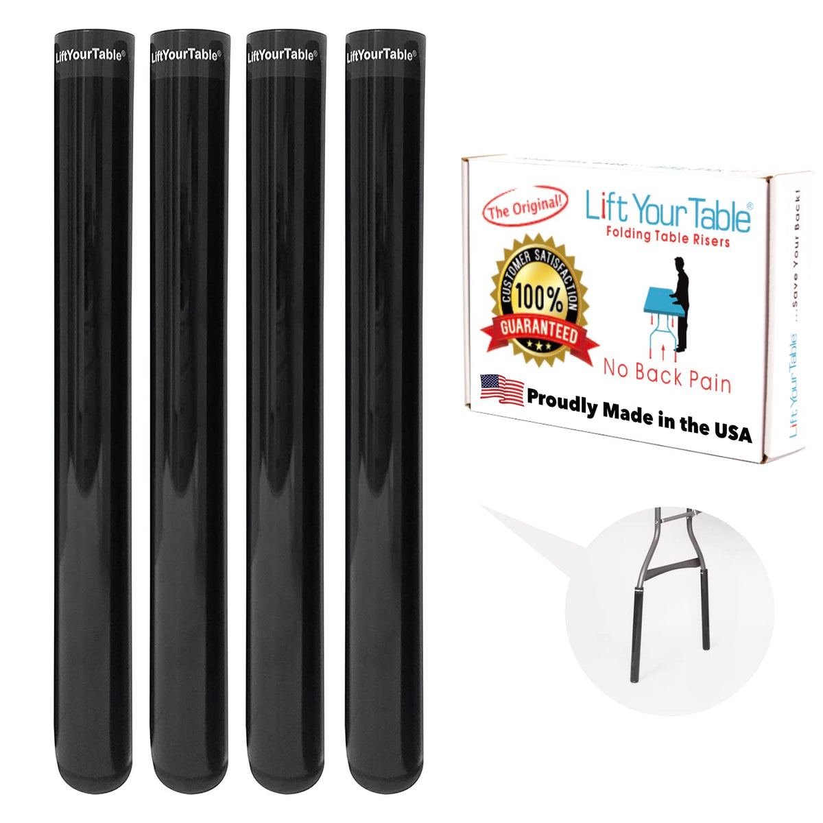 Lift Your Table® Folding Table Risers - Bar Height (Non-Slip Foot) - Made In The Usa, Durable, Sturdy, Portable, Easy-To-Use Extensions Raise Bent Leg Folding Tables (Set Of 4)