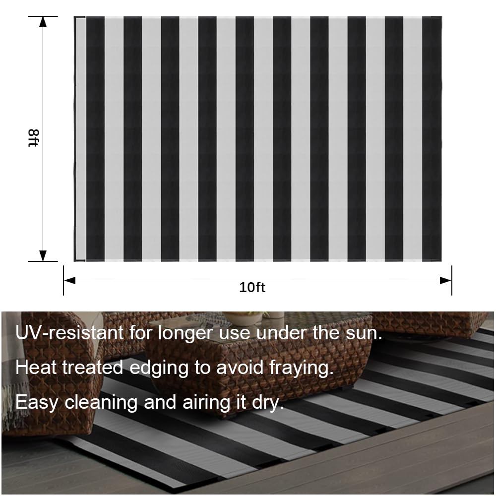 Pcinfuns Plastic Straw Rug,8'X10' Outdoor Waterproof Patio Rugs Foldable Reversible Camping Mat For Rv, Deck, Porch, Picnic, Beach, Balcony,Black & White