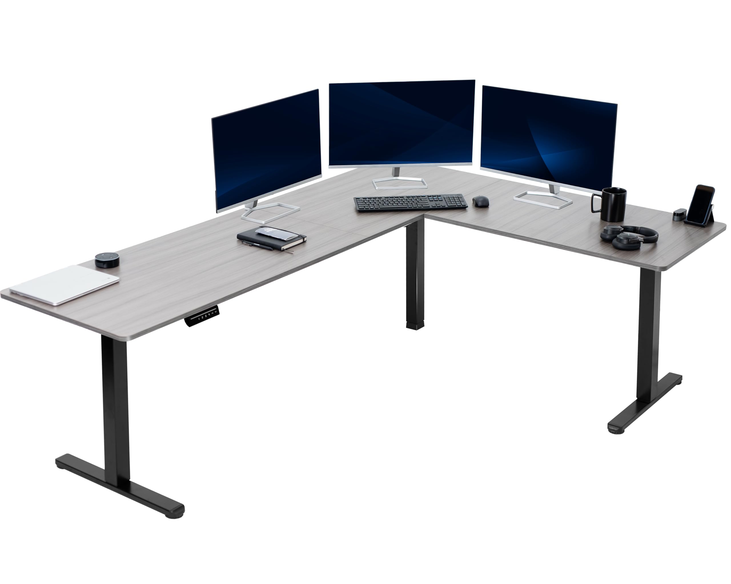 VIVO Electric Corner 84 x 63 inch L-Shaped Standing Desk, Memory Height Adjustment, Dark Gray Top Black Frame, DESK-E3CTBG-84