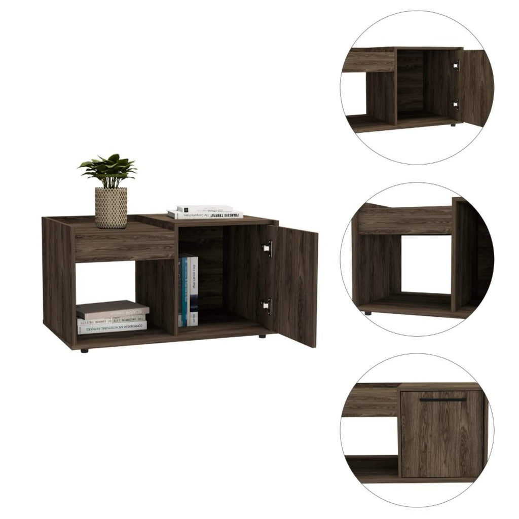 Ambar Coffee Table, 1 Open Shelf, Single Door Cabinet, Dark Walnut