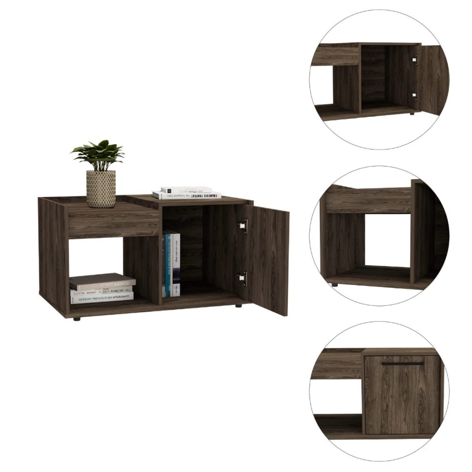 Ambar Coffee Table, 1 Open Shelf, Single Door Cabinet, Dark Walnut