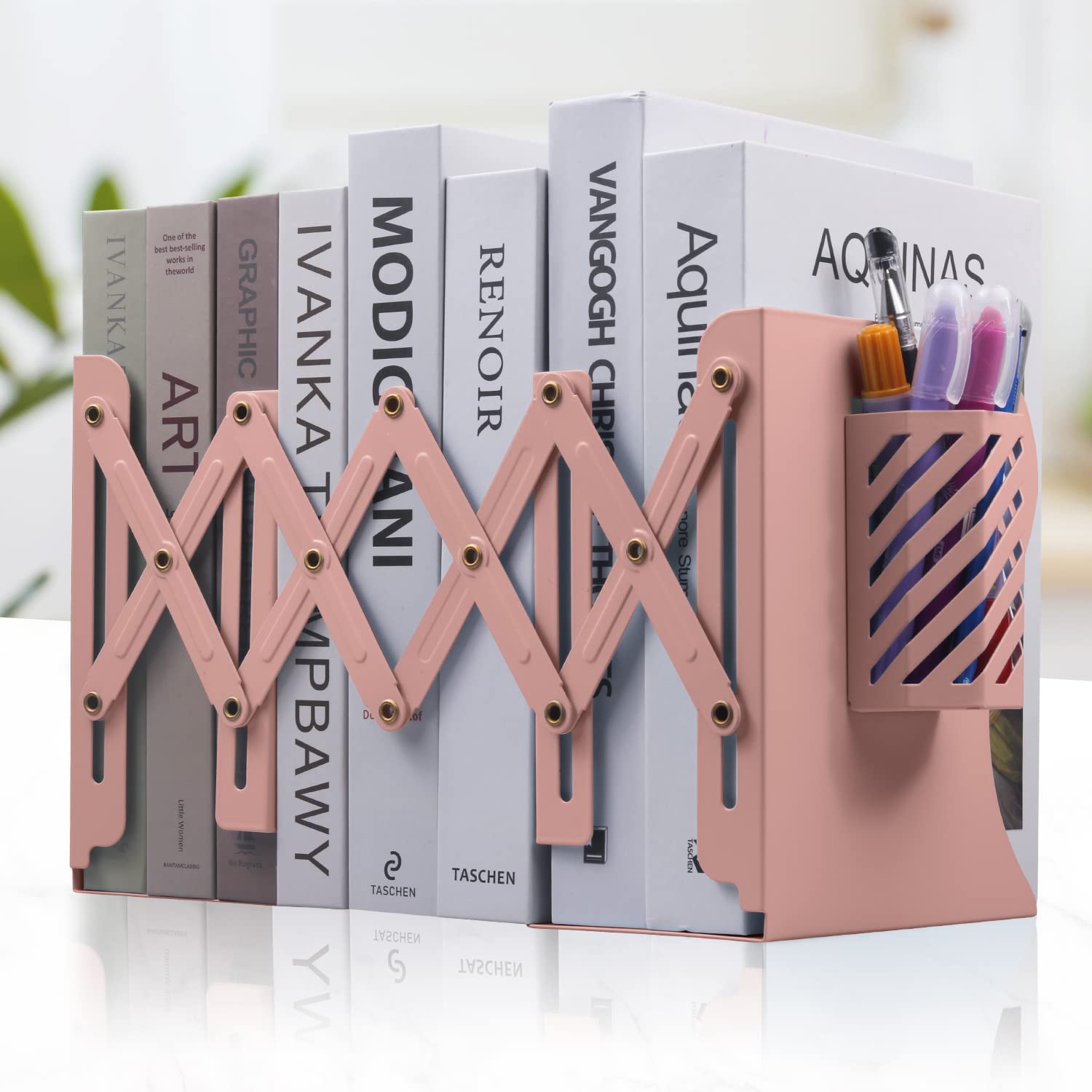 Adjustable Bookends, Metal Bookends For Heavy Books, Shelves, 2 Dividers, Expandable Book Organizer With Pen Holder For Desk, Of