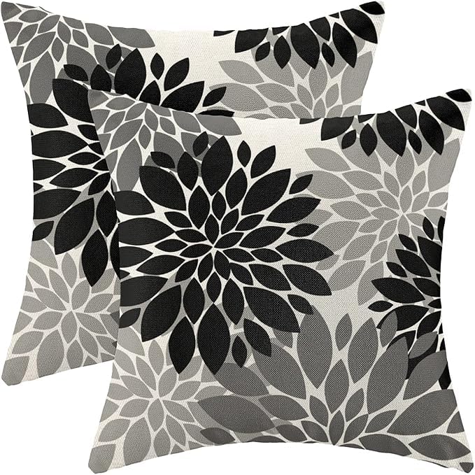 Cxmeifly Black Grey Gray Pillow Covers 24X24 Inch Set Of 2 Dahlia Floral Decor Throw Pillows Summer Modern Geometry Flower Outdo