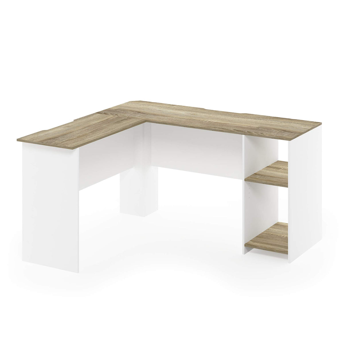 Furinno Indo L-Shaped Computer Desk With Bookshelf, Sonoma Oak/White