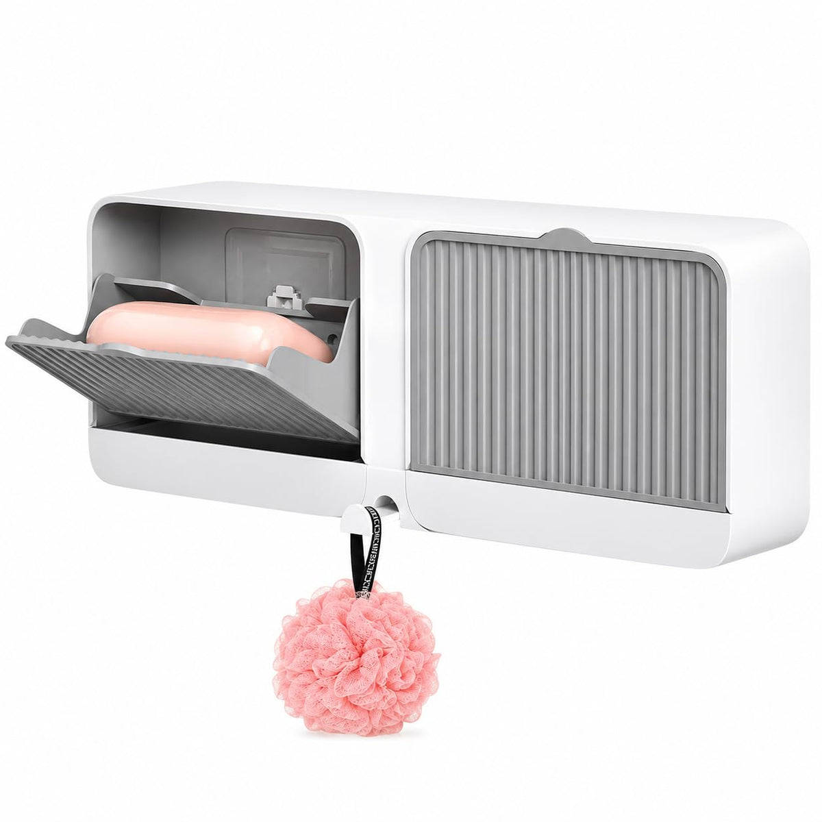 RAMSHAR Wall Mounted Soap Holder Box with Lid, PullOut Drain Tray, Adhesive Installation,Soapcase with Hook, Bathroom Bar Soap