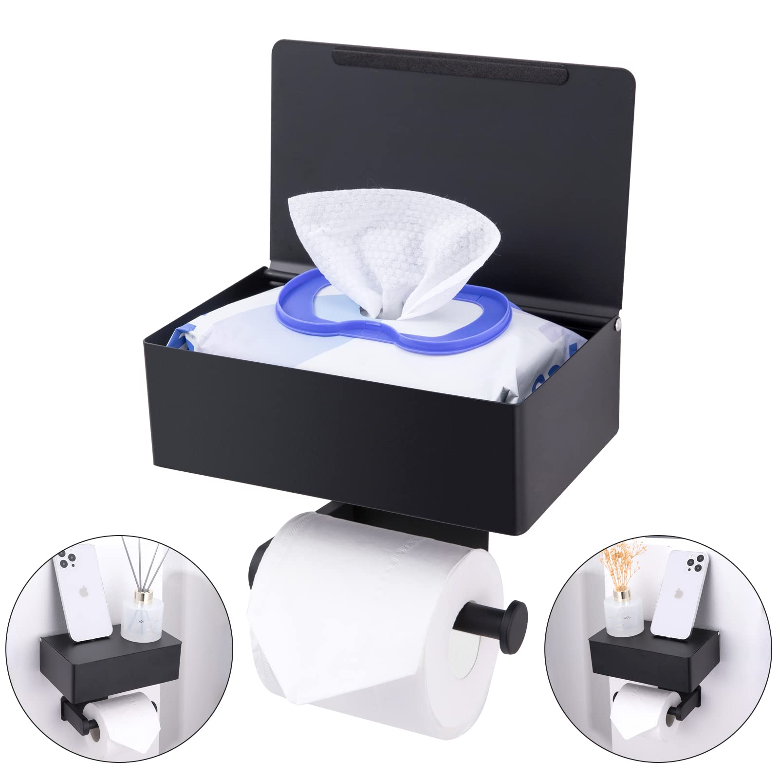 YRONG Adhesive Toilet Paper Holder with Shelf and Storage, Wall Mount Toilet Paper Roll Holder & Flushable Wipes Dispenser Set F