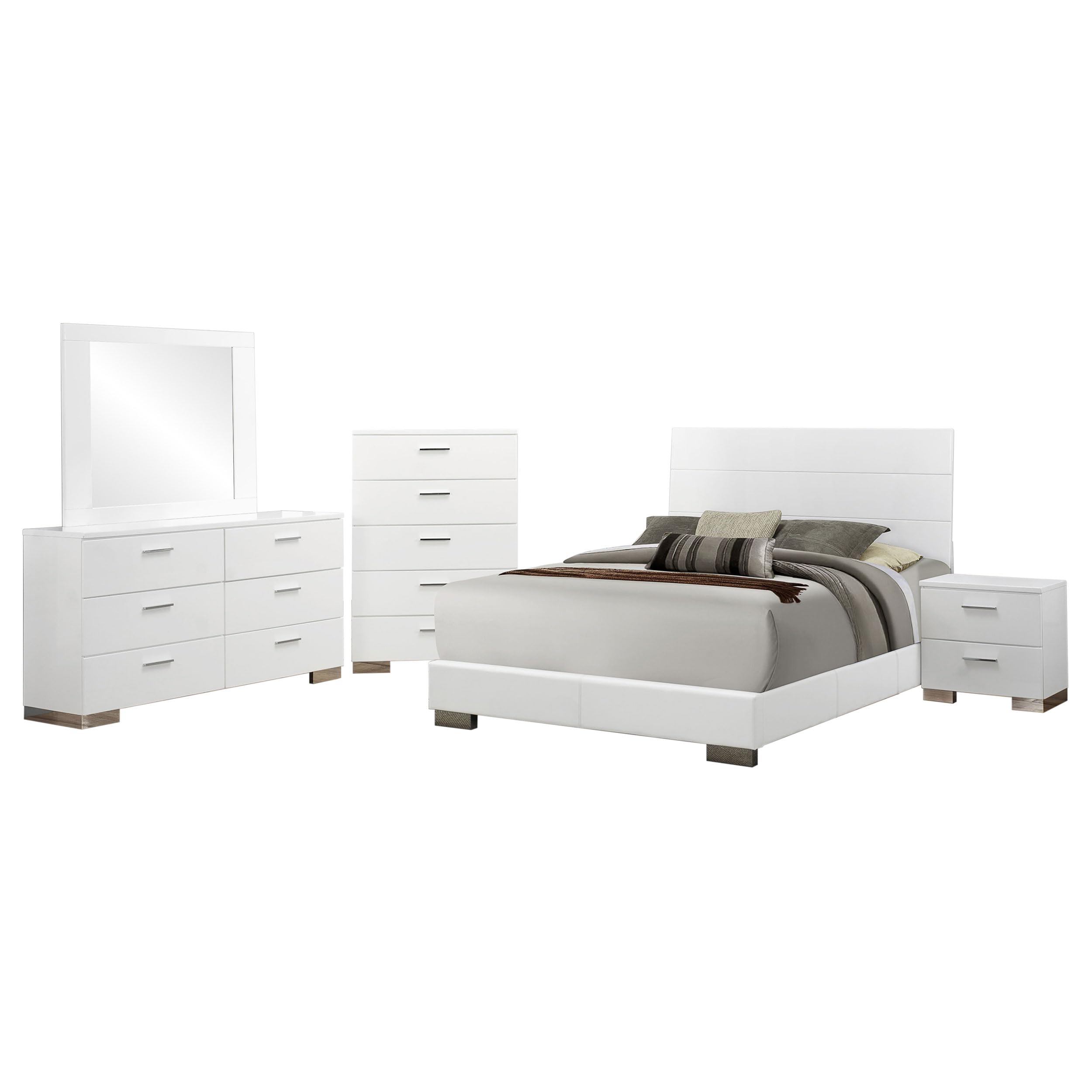 Coaster Home Furnishings Felicity Contemporary 6-Piece Bedroom Set Queen Size Panel Bed Frame 51-inch Headboard White High Gloss 203501Q-S6