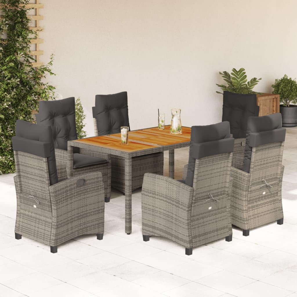 vidaXL - 7 Piece Patio Dining Set - Cushions Included, Gray Poly Rattan and Acacia Wood, Outdoor/Garden/Patio Furniture