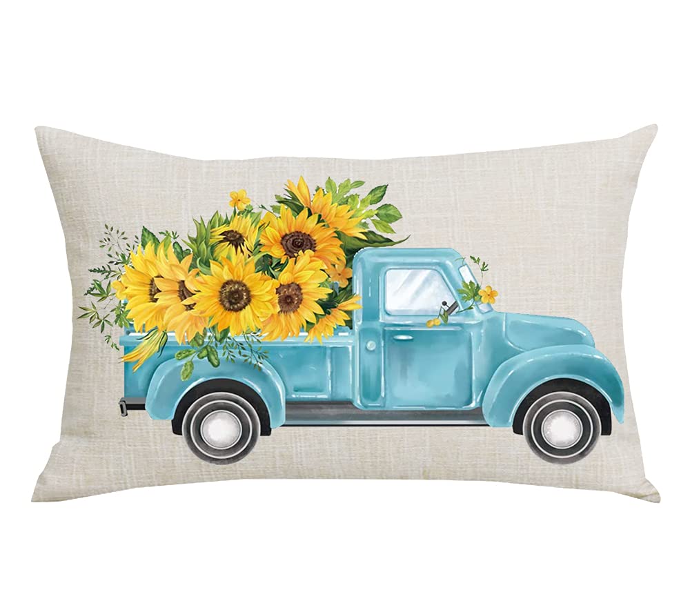 Wenianru Watercolor Yellow Sunflowers Blue Pickup Truck Summer Home Sofa Chair Bed Decoration Lumbar Pillowcase Cotton Linen Dec
