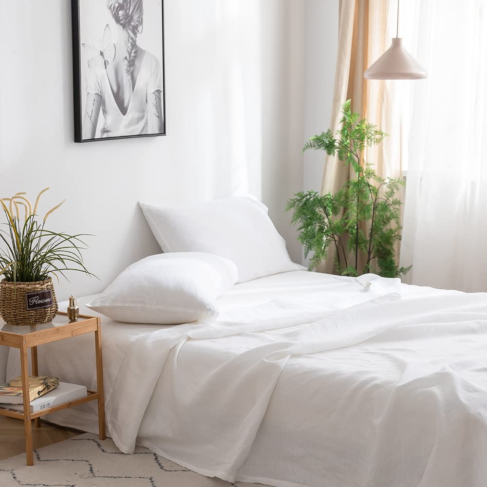 Simple&Opulence 100% Belgian Linen Sheet Set Handmade Hemstitch White King Size Bed Sheet-4 Piece (1 Flat Sheet+1 Fitted Sheet+2