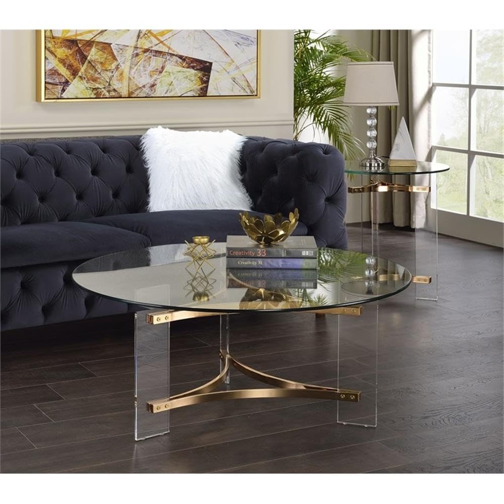 Acme Sosi Round Tempered Glass Top Coffee Table in Clear and Gold